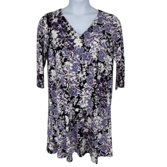 J. Jill‎ Wearever Large Purple Floral V-Neck 3/4 Sleeve Tunic Dress Stretch - Picture 1 of 9
